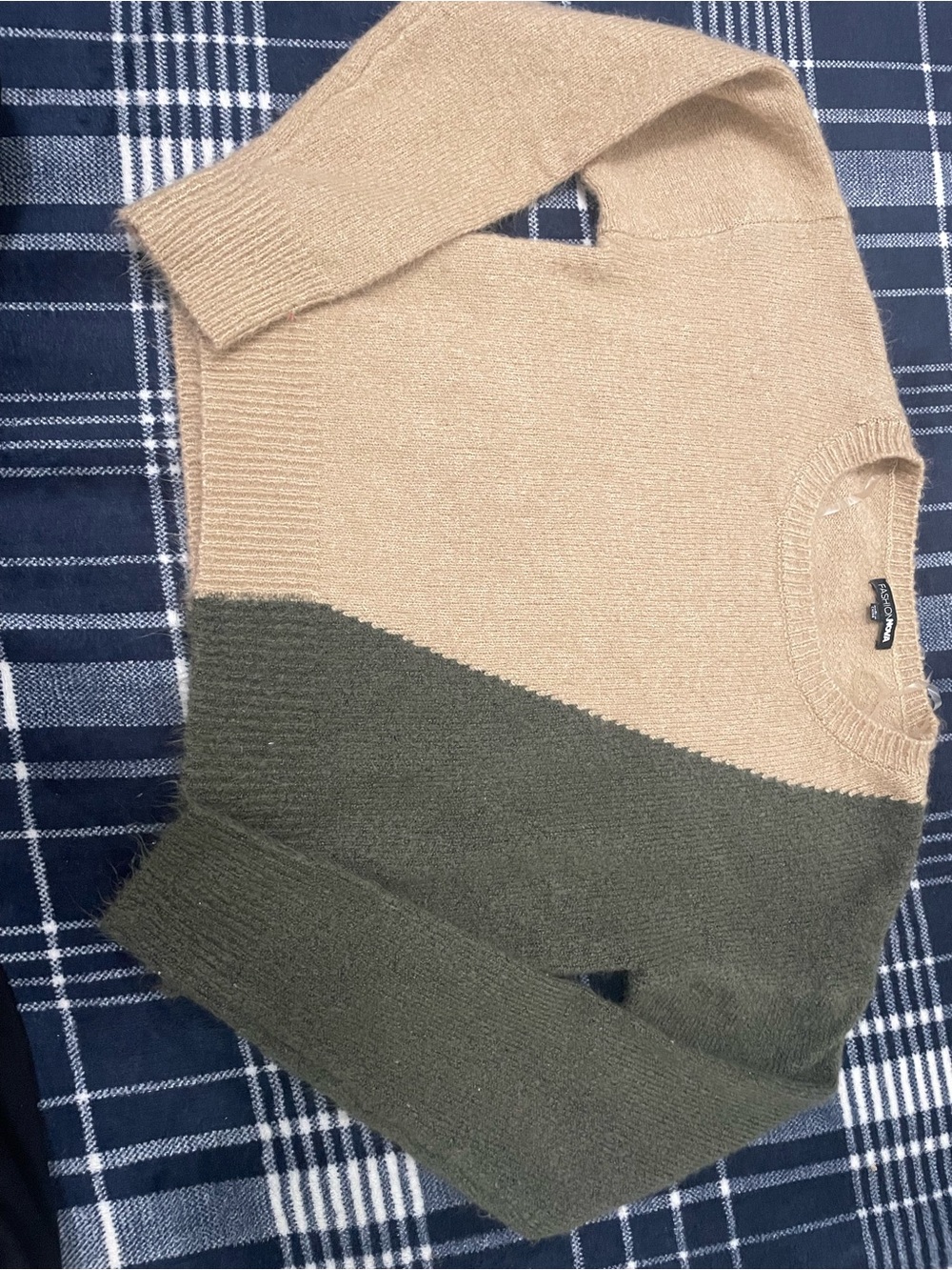 Women’s Two-Tone Beige and Olive Crewneck Sweater